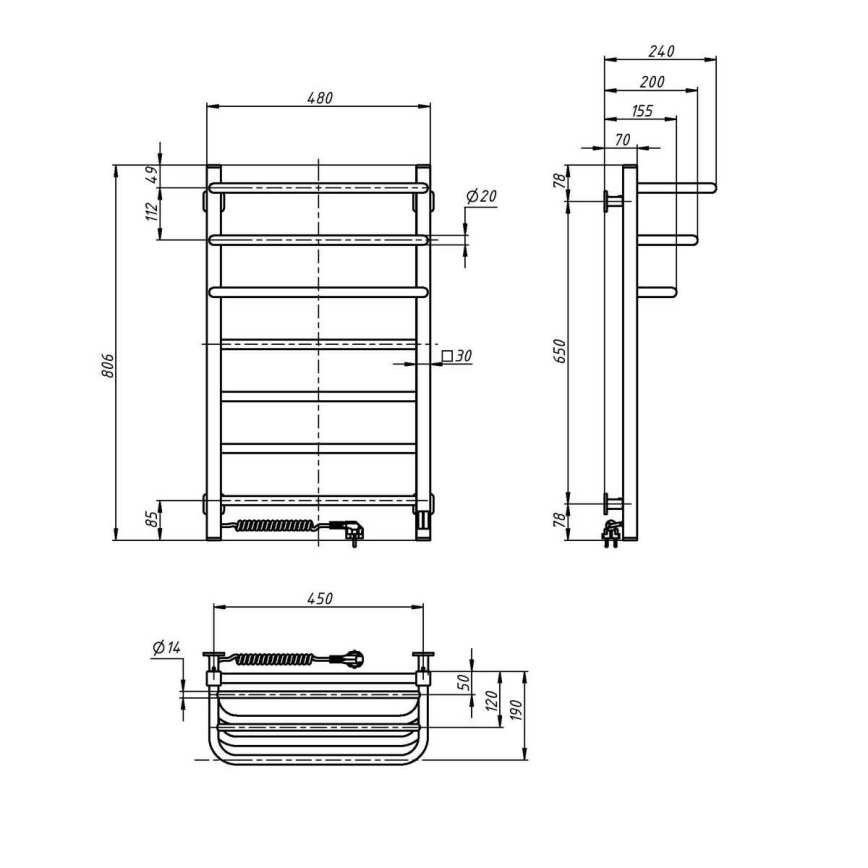 Vertaduro - Elektrický sušák na ručníky s termostatem DOR 155W/230V 80x48 cm IP44 černá levá