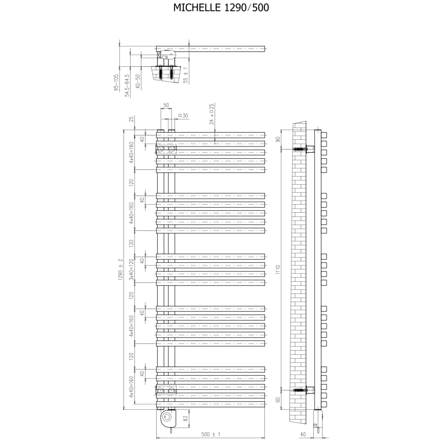 Vertaduro - Koupelnový radiátor s termostatem MICHELLE 600W 129x50 cm černá