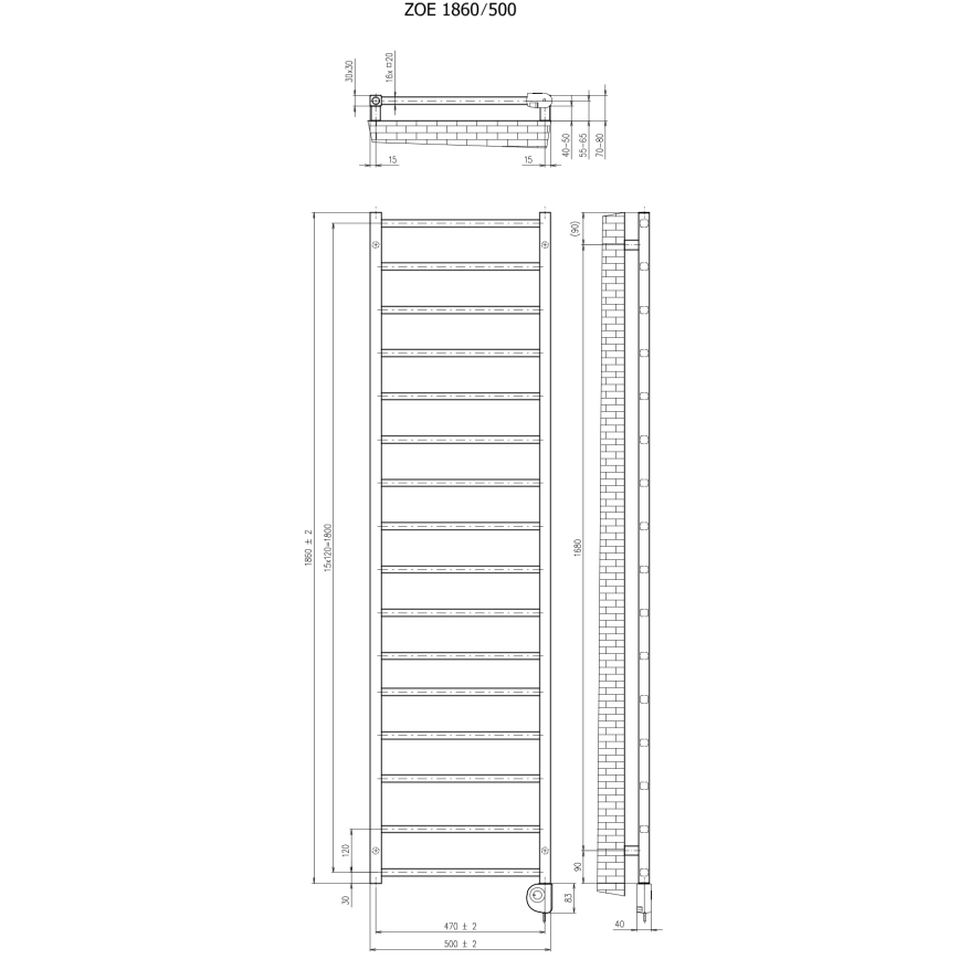 Vertaduro - Koupelnový radiátor s termostatem ZOE 400W 186x50 cm antracit
