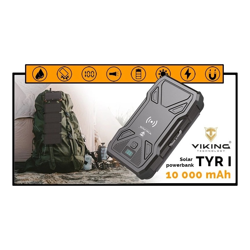 Viking - Power Bank s LED svítilnou, bezdrátovým nabíjením a solárním panelem Power Delivery 22,5W/10000 mAh