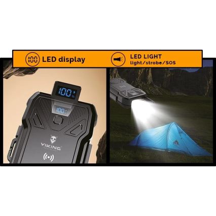 Viking - Power Bank s LED svítilnou, bezdrátovým nabíjením a solárním panelem Power Delivery 22,5W/10000 mAh