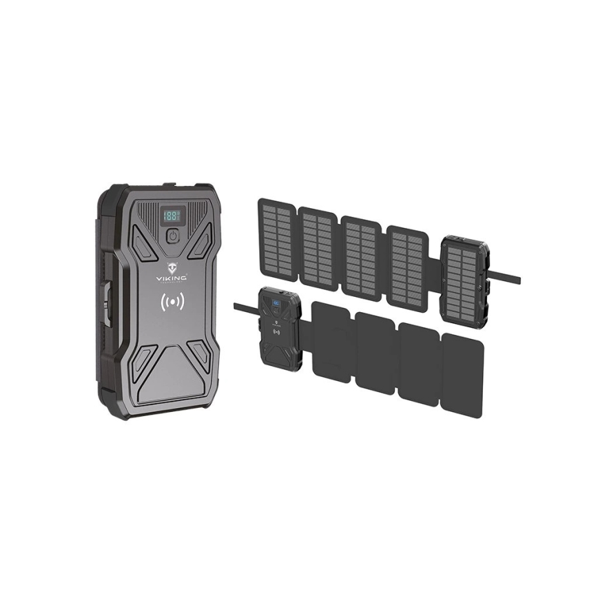 Viking - Power Bank s LED svítilnou, bezdrátovým nabíjením a solárním panelem Power Delivery 22,5W/10000 mAh