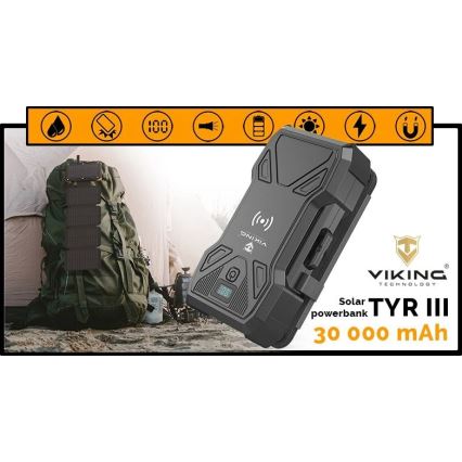 Viking - Power Bank s LED svítilnou, bezdrátovým nabíjením a solárním panelem Power Delivery 22,5W/30000 mAh