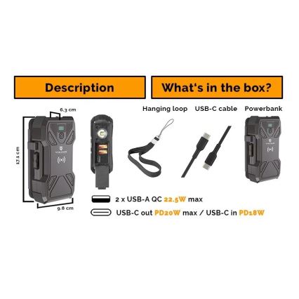 Viking - Power Bank s LED svítilnou, bezdrátovým nabíjením a solárním panelem Power Delivery 22,5W/30000 mAh