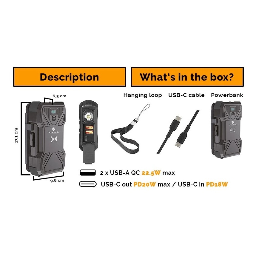 Viking - Power Bank s LED svítilnou, bezdrátovým nabíjením a solárním panelem Power Delivery 22,5W/30000 mAh