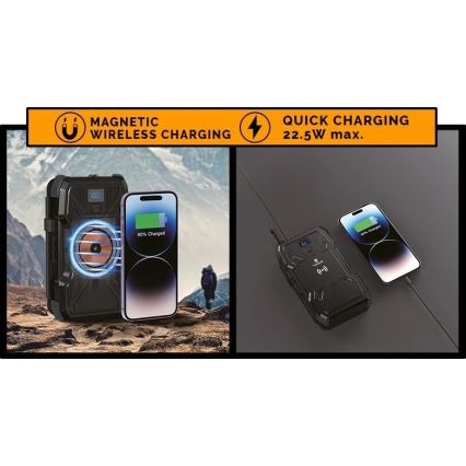 Viking - Power Bank s LED svítilnou, bezdrátovým nabíjením a solárním panelem Power Delivery 22,5W/30000 mAh