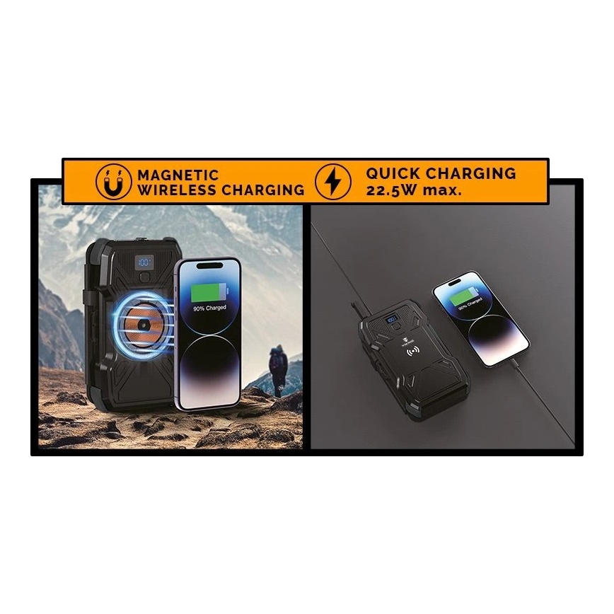 Viking - Power Bank s LED svítilnou, bezdrátovým nabíjením a solárním panelem Power Delivery 22,5W/30000 mAh