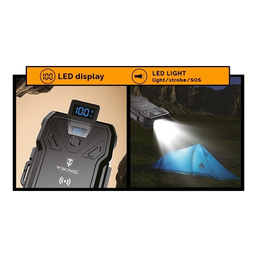 Viking - Power Bank s LED svítilnou, bezdrátovým nabíjením a solárním panelem Power Delivery 22,5W/30000 mAh