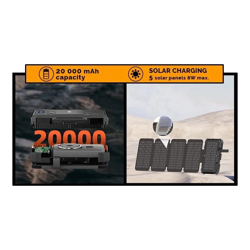 Viking - Power Bank s LED svítilnou, bezdrátovým nabíjením a solárním panelem Power Delivery 22,5W/20000 mAh