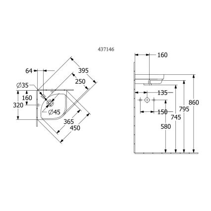 Villeroy & Boch 43714601 - Rohové závěsné umyvadlo SUBWAY 3.0 32x32 cm keramika/bílá
