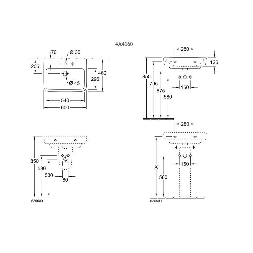 Villeroy & Boch 4A416001 - Závěsné umyvadlo O.NOVO 60x46 cm keramika/bílá