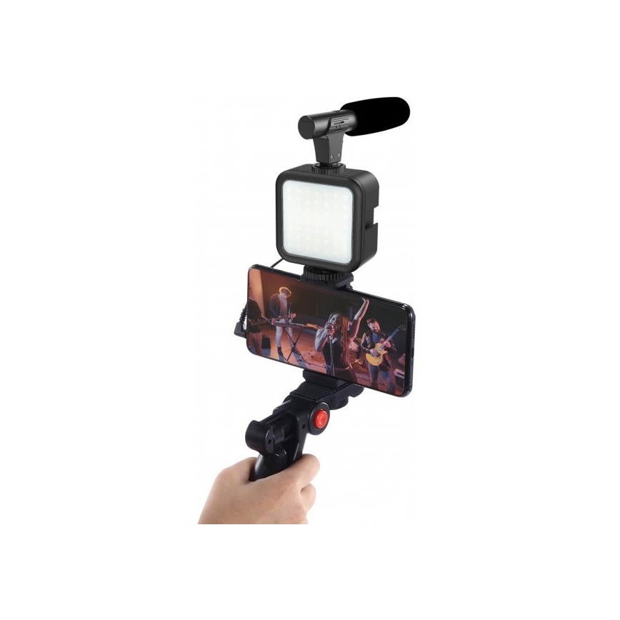 Vlogovací sada 4v1 - mikrofon, LED lampa, stativ, držák telefonu