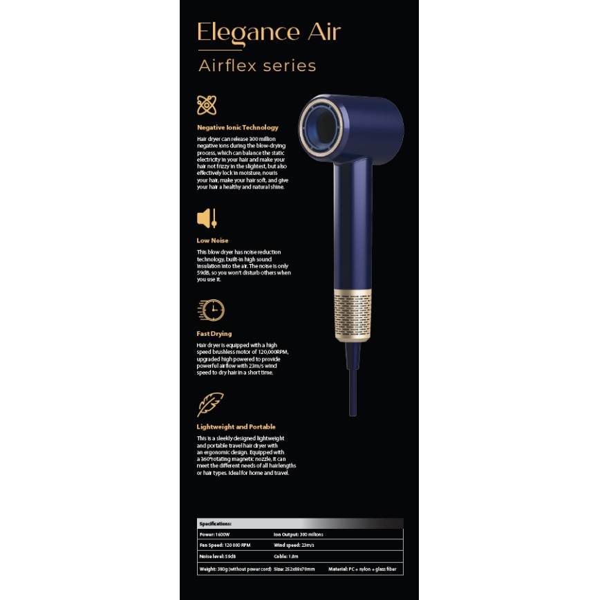 Winner Group - Fén s ionizátorem Elegance Air 1600W/230V modrá SCHUKO