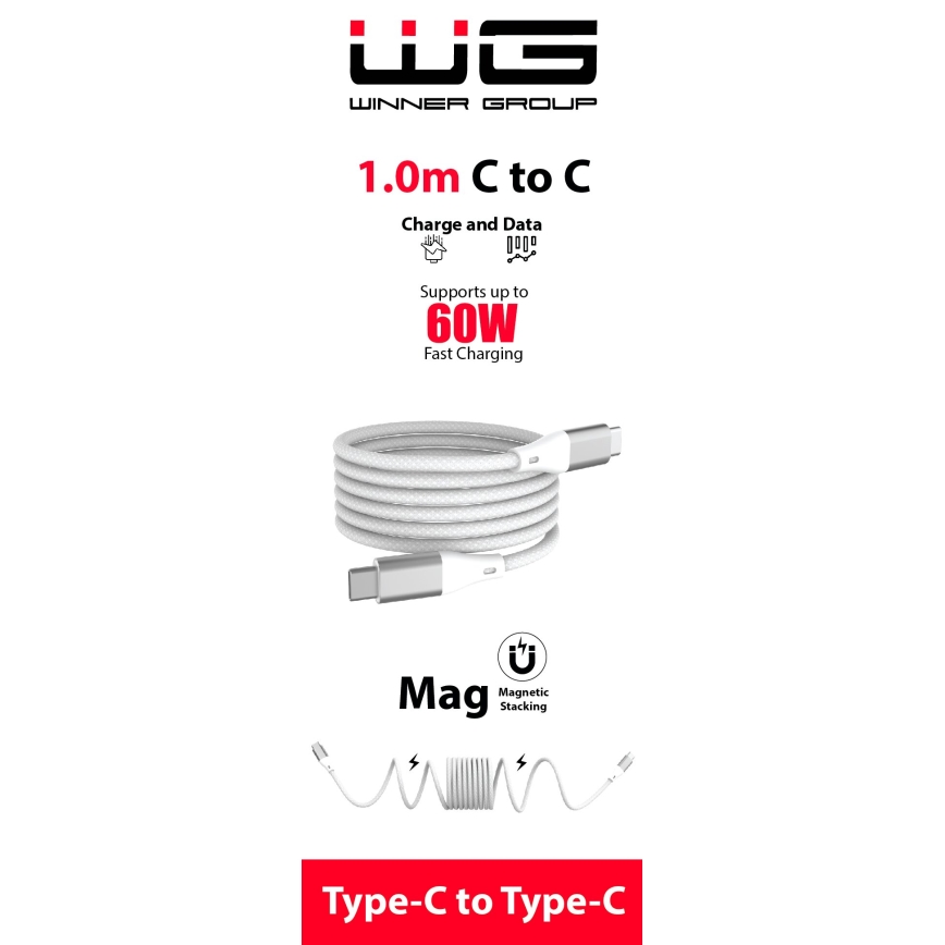 Winner Group - Magnetický USB kabel USB-C / USB-C 60W 1m bílá