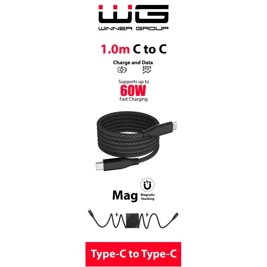 Winner Group - Magnetický USB kabel USB-C / USB-C 60W 1m černá