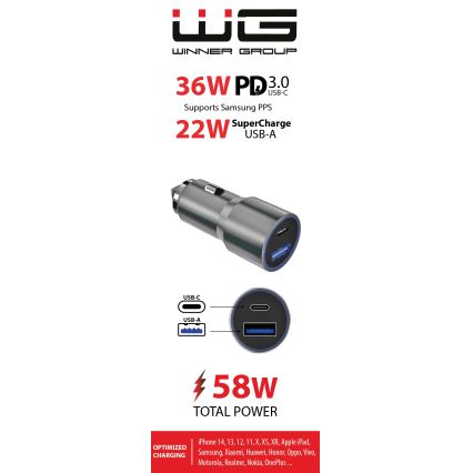 Winner Group - Nabíječka do auta 1xUSB-C + 1xUSB-A Power Delivery 58,5W stříbrná