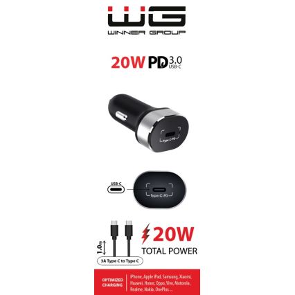 Winner Group - Nabíječka do auta 1xUSB-C Power Delivery 20W + USB kabel USB-C / USB-C 1 m černá
