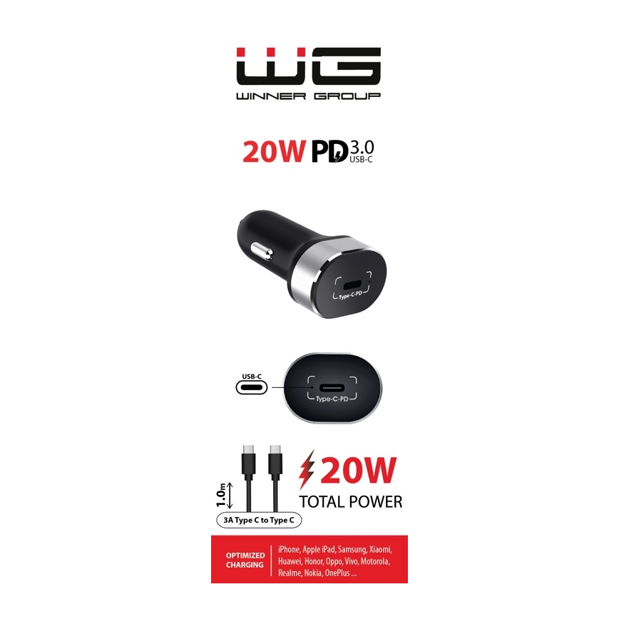 Winner Group - Nabíječka do auta 1xUSB-C Power Delivery 20W + USB kabel USB-C / USB-C 1 m černá