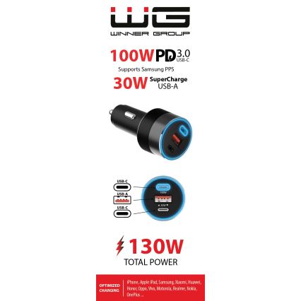 Winner Group - Nabíječka do auta 2xUSB-C + 1xUSB-A Power Delivery 130W černá