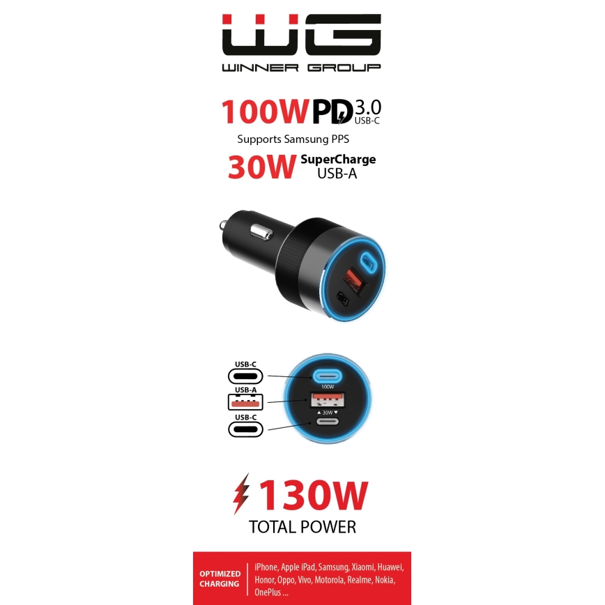 Winner Group - Nabíječka do auta 2xUSB-C + 1xUSB-A Power Delivery 130W černá