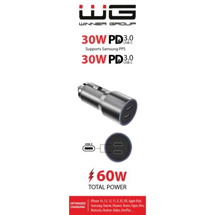Winner Group - Nabíječka do auta 2xUSB-C Power Delivery 60W stříbrná