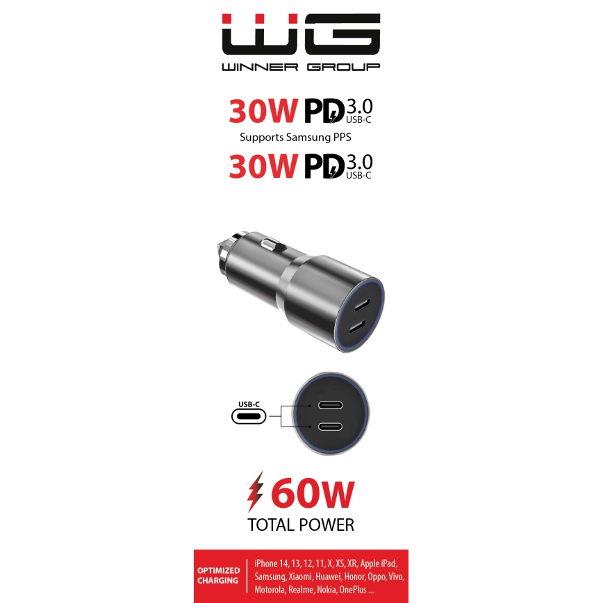Winner Group - Nabíječka do auta 2xUSB-C Power Delivery 60W stříbrná