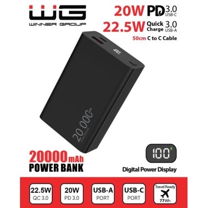 Winner Group - Power Bank s displejem 20000 mAh 20W Power Delivery černá
