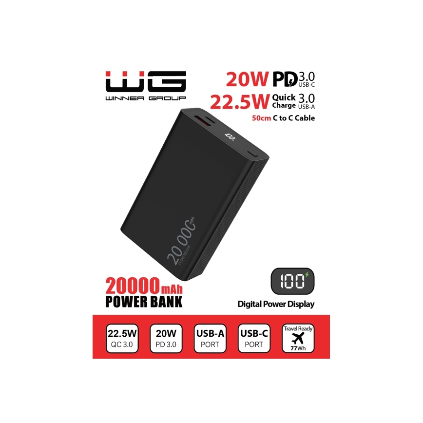 Winner Group - Power Bank s displejem 20000 mAh 20W Power Delivery černá