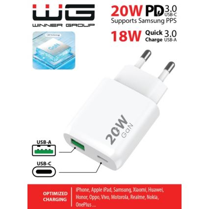 Winner Group - Rychlonabíjecí adaptér 1xUSB-C + 1xUSB-A Power Delivery 20W bílá