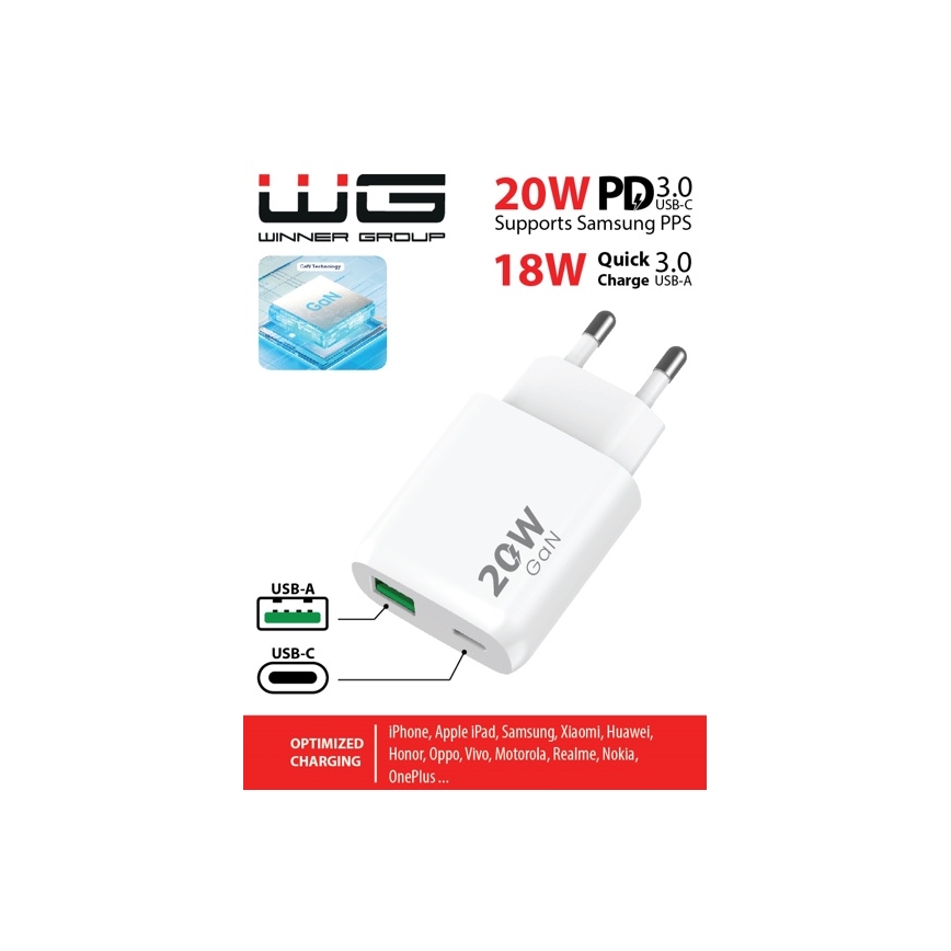 Winner Group - Rychlonabíjecí adaptér 1xUSB-C + 1xUSB-A Power Delivery 20W bílá
