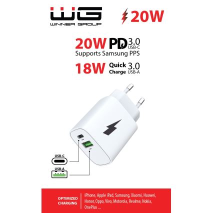 Winner Group - Rychlonabíjecí adaptér 1xUSB-C + 1xUSB-A Power Delivery 20W bílá