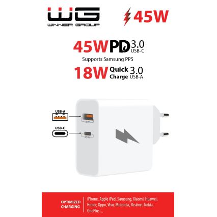Winner Group - Rychlonabíjecí adaptér 1xUSB-C + 1xUSB-A Power Delivery 45W bílá