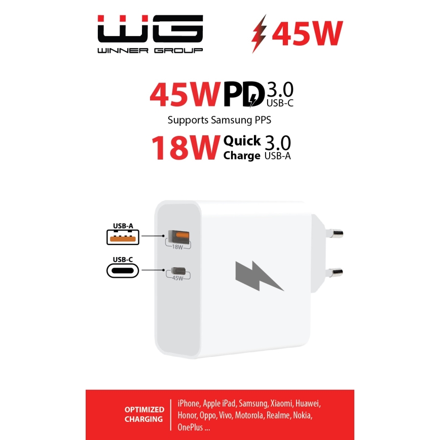 Winner Group - Rychlonabíjecí adaptér 1xUSB-C + 1xUSB-A Power Delivery 45W bílá