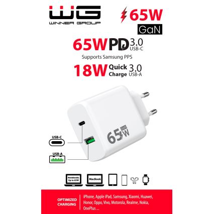 Winner Group - Rychlonabíjecí adaptér 1xUSB-C + 1xUSB-A Power Delivery 65W bílá