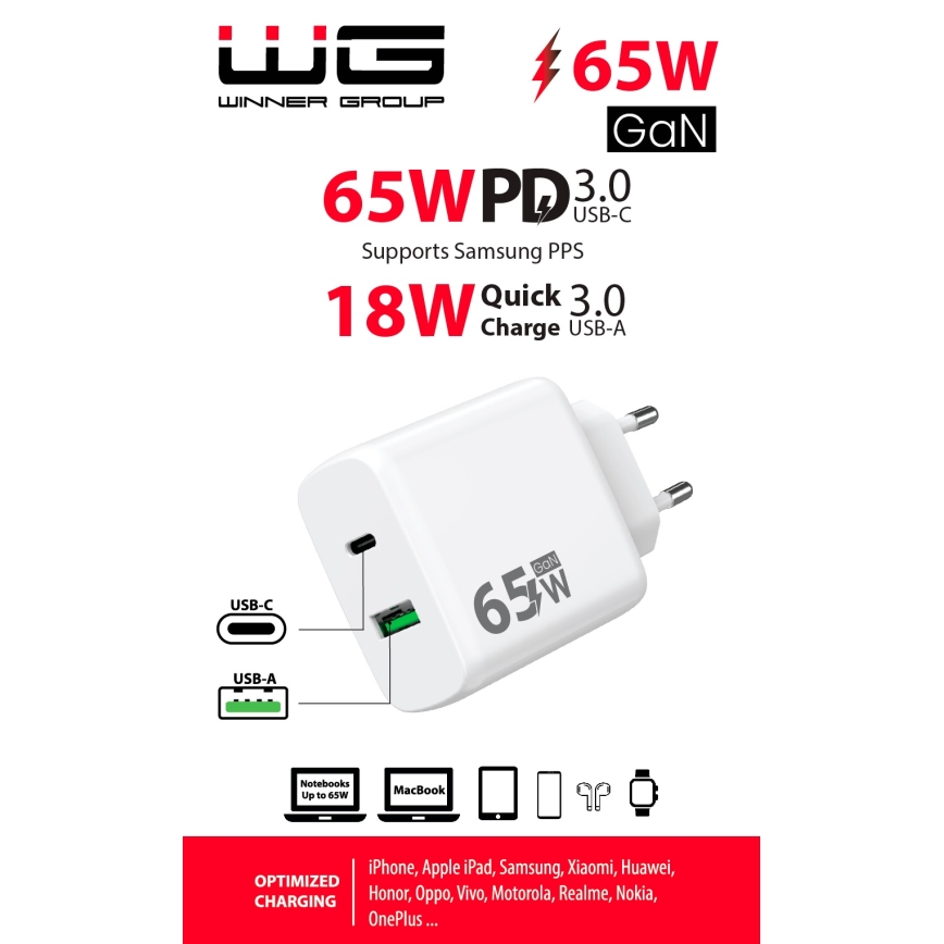 Winner Group - Rychlonabíjecí adaptér 1xUSB-C + 1xUSB-A Power Delivery 65W bílá