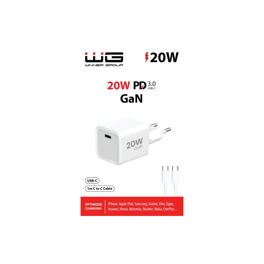 Winner Group- Rychlonabíjecí adaptér 1xUSB-C PD 20W + USB kabel USB-C / USB-C 1m