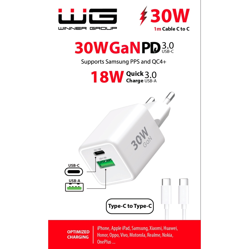 Winner Group - Rychlonabíjecí adaptér 2xUSB PD 30W + USB kabel USB-C / USB-C 1m