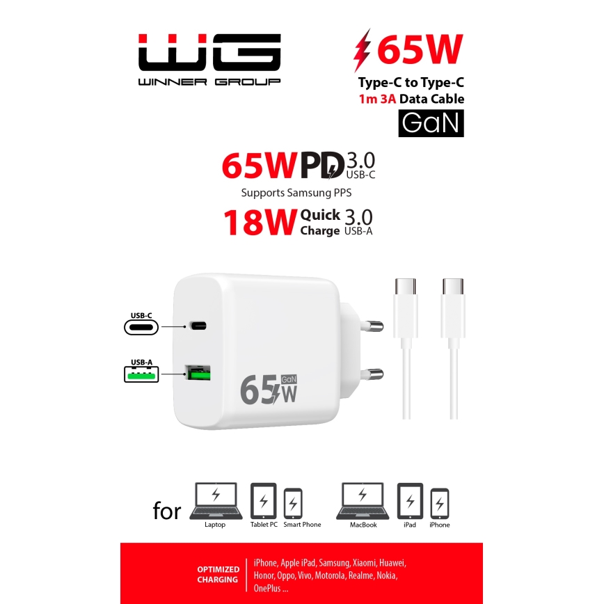 Winner Group - Rychlonabíjecí adaptér 2xUSB PD 65W + USB kabel USB-C / USB-C 1m