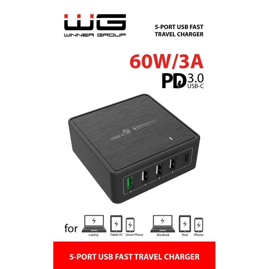 Winner Group - Rychlonabíjecí adaptér 5xUSB-C Power Delivery 60W černá