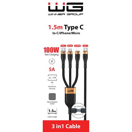 Winner Group -USB kabel 3v1 USB-C / Lightning, USB-C a Micro USB 100W 1,5m černá