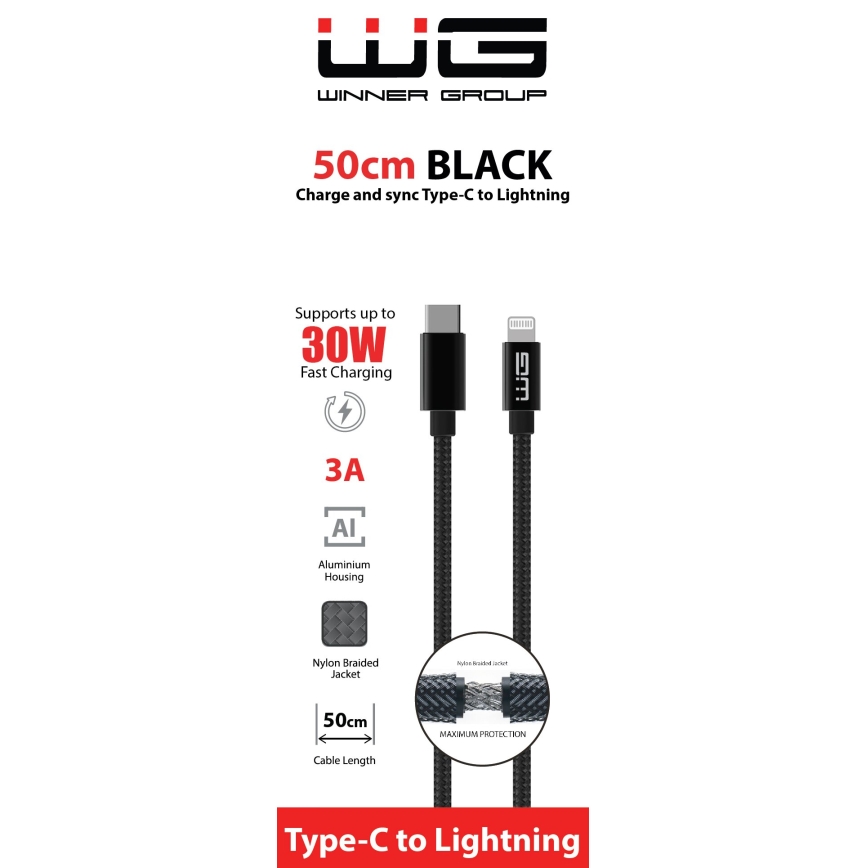 Winner Group - USB kabel Lightning / USB-C 60W 50cm černá