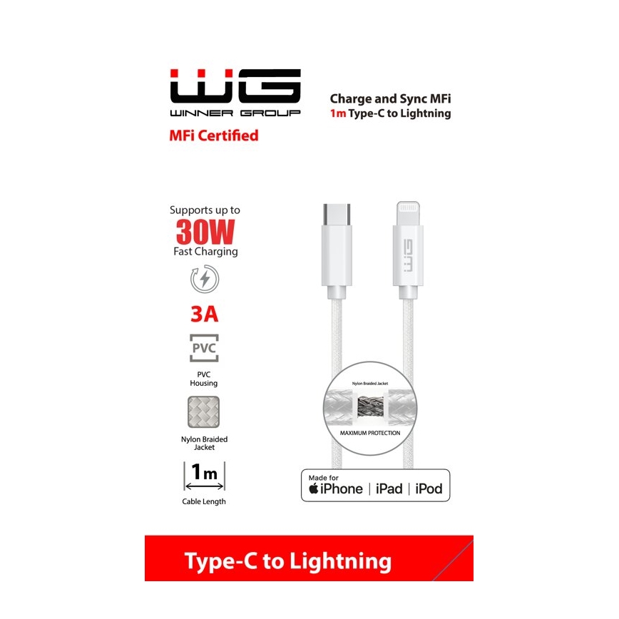Winner Group - USB kabel MFI Lightning / USB-C 1m bílá
