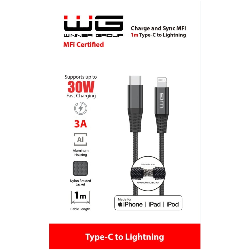 Winner Group - USB kabel MFI Lightning / USB-C 1m černá