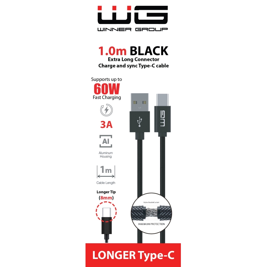 Winner Group - USB kabel s prodlouženým konektorem USB-C / USB-A 1m černá