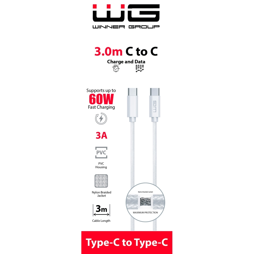 Winner Group - USB kabel USB-C / USB-C 60W 3m bílá