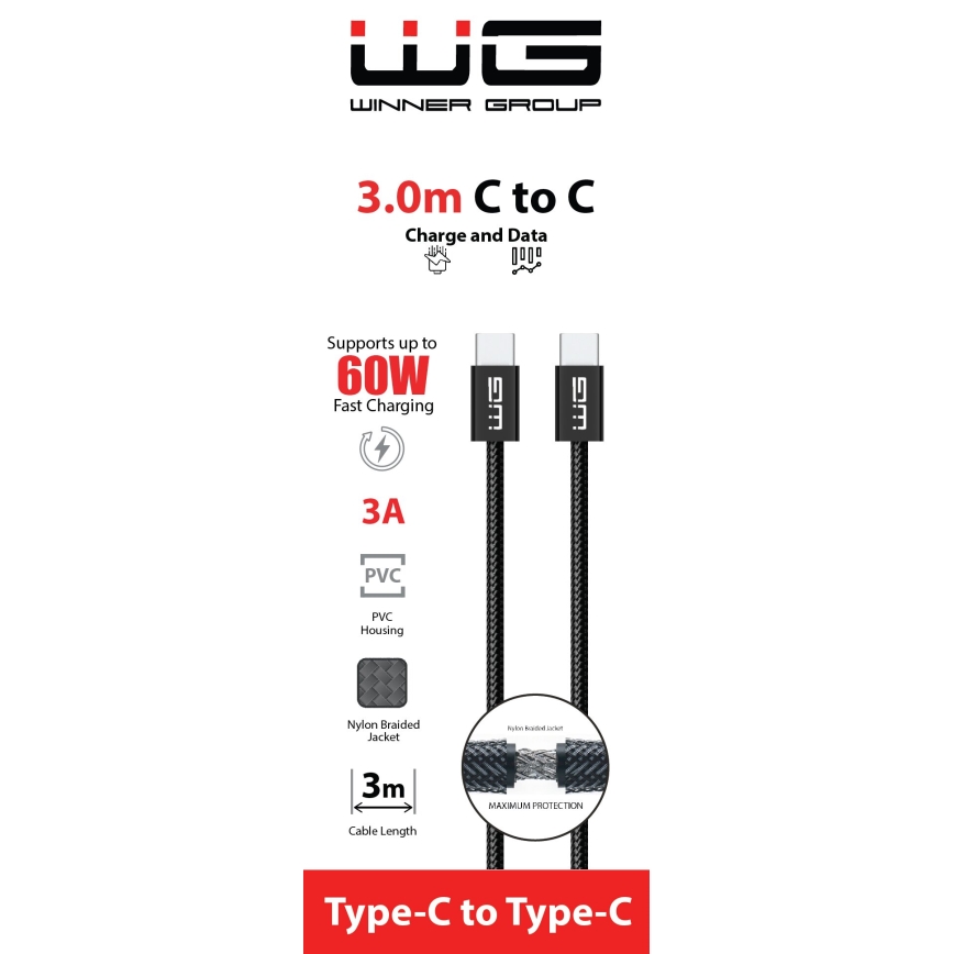 Winner Group - USB kabel USB-C / USB-C 60W 3m černá
