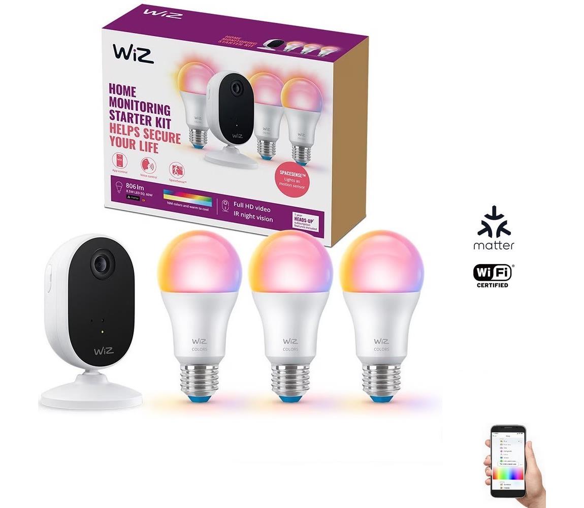WiZ WiZ-Sada pro monitorování domácnosti:1xkamera+ 3xLED RGB žárovka 8,5W/230V Wi-Fi WI0121