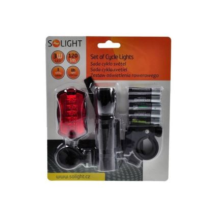Sada cyklo světel - přední LED 3W + zadní 5xLED, 2xdržák, 2x+3xAAA baterie IP44