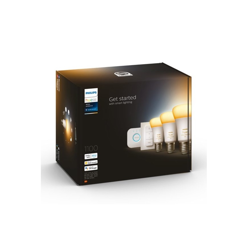 Základní sada Philips Hue White Ambiance 3xE27/11W 2200-6500K + Hue bridge a dimmer switch
