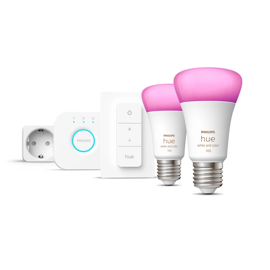 Základní sada Philips Hue WHITE AND COLOR AMBIANCE 2xE27/9W/230V 2200-6500K + chytrá zásuvka, Hue bridge a dimmer switch